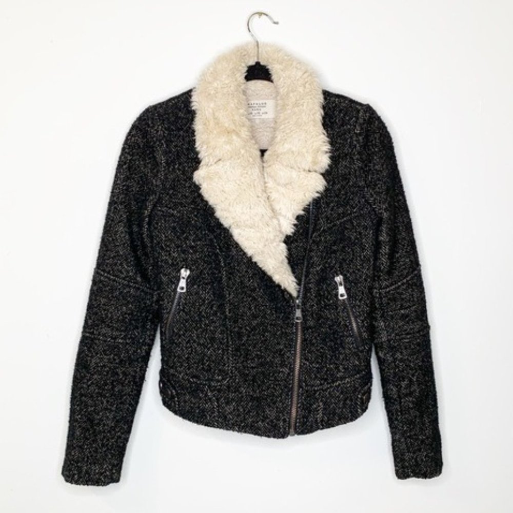 Zara TRF Tweed Moto Jacket Faux Shearling